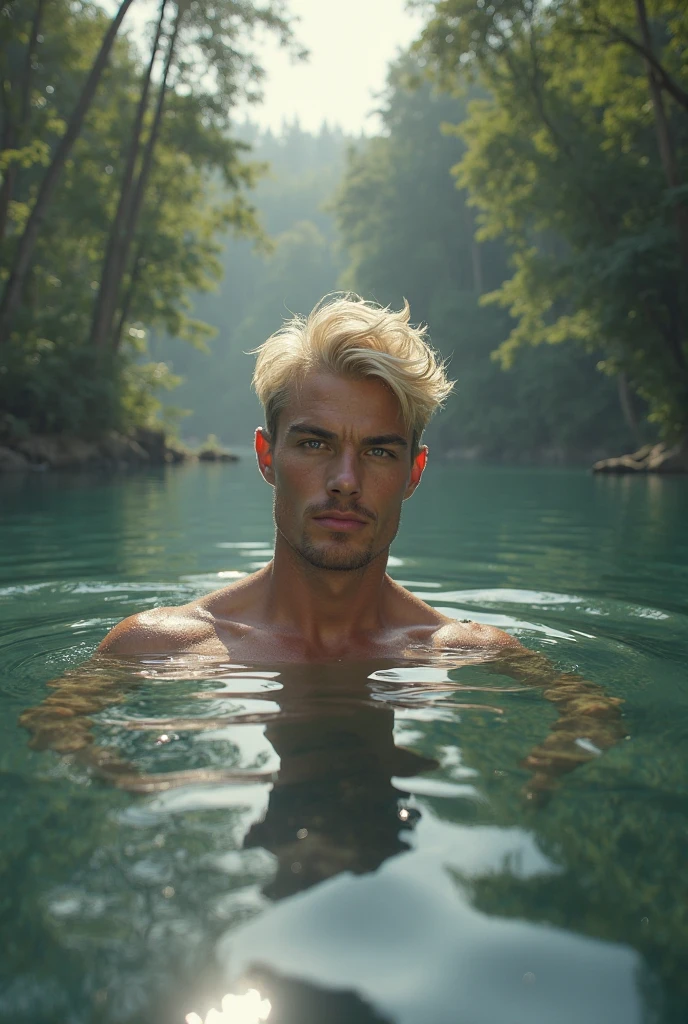 Handsome young man, bouncing body, white hair, blue eyes, naked, perfect penis, 4K image, character standing upright, playing in the water, naked, perfect organ, perfect body.