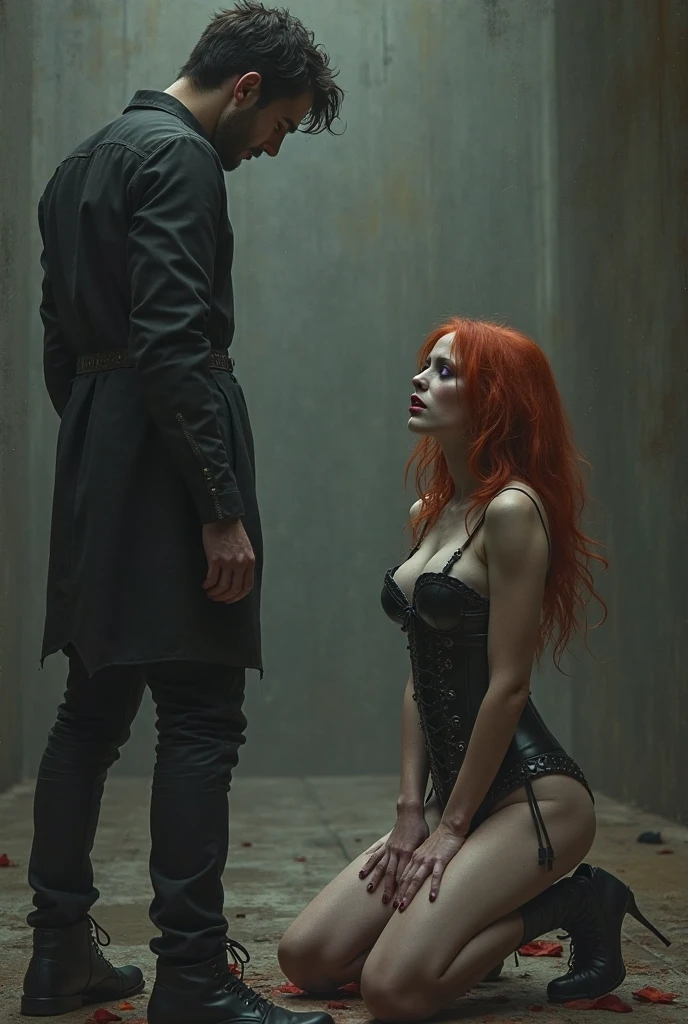 Red long low ponytail, green eyed, serial killer woman wearing a tight black top and a plaid skirt. accessorizing with high heels and fishnet stockings. She is holding a bloody knife. An evil smile across her crimson lipgloss covered lips.she is torturing her victim, a young man who is tied to a chair. He is scared.