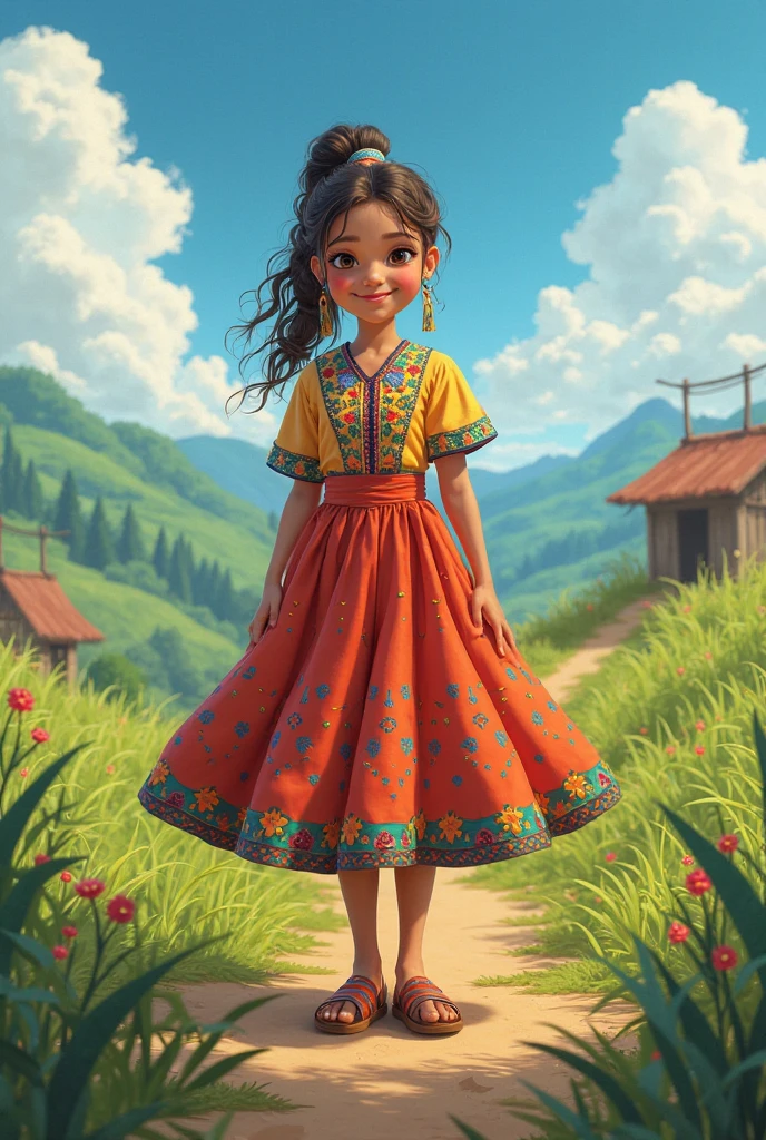 An outfit inspired by the kite toy worn by a female child with indigenous features and long, dark hair