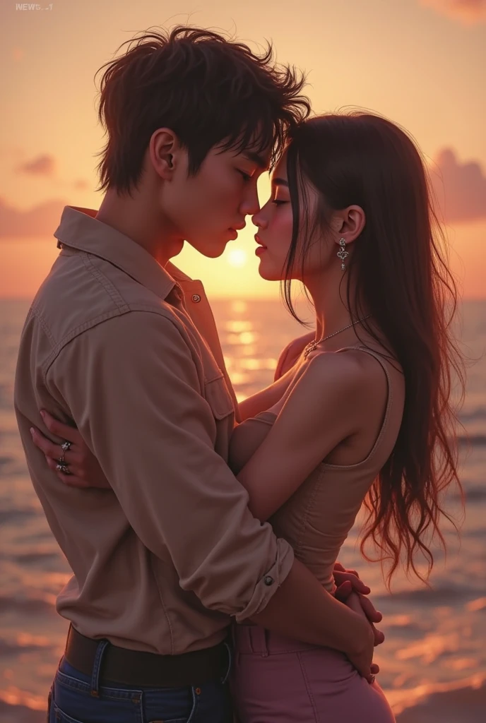 Una pareja de jovenes se abraza junto a un arbol durante un atardecer