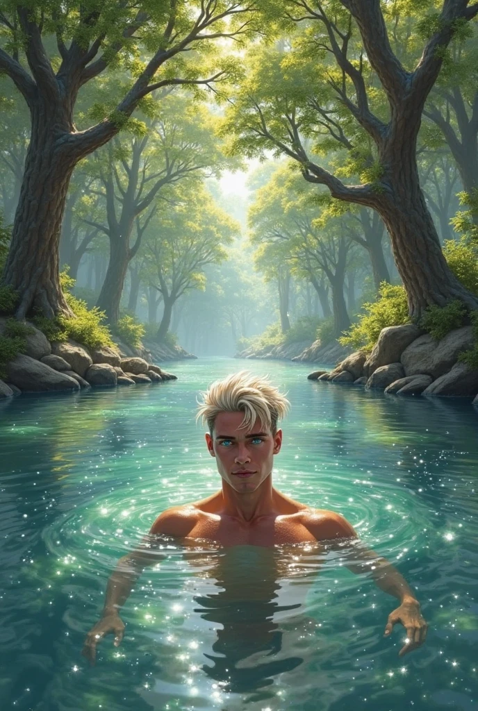 a man in a pond with lily pads in the water, in a pond, standing in a pond, floating in a powerful zen state, nymph in the water, sitting in a reflective pool, floathing underwater in a lake, sitting at a pond, in water up to her shoulders, the hair floats on the water, in a lake, in the water