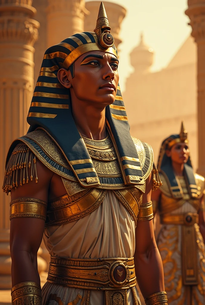 masterpiece of photorealism, photorealistic highly detailed professional 8k raw photography, best hyperrealistic quality, volumetric real-time lighting and shadows, Zoom Shot, Male Engineer, Actor's Body Shape, Pharaoh's Egyptian Regalia, Braided Bun, Holding a Smartphone, Hidden Water Springs in Deep Forests, background full of busy people