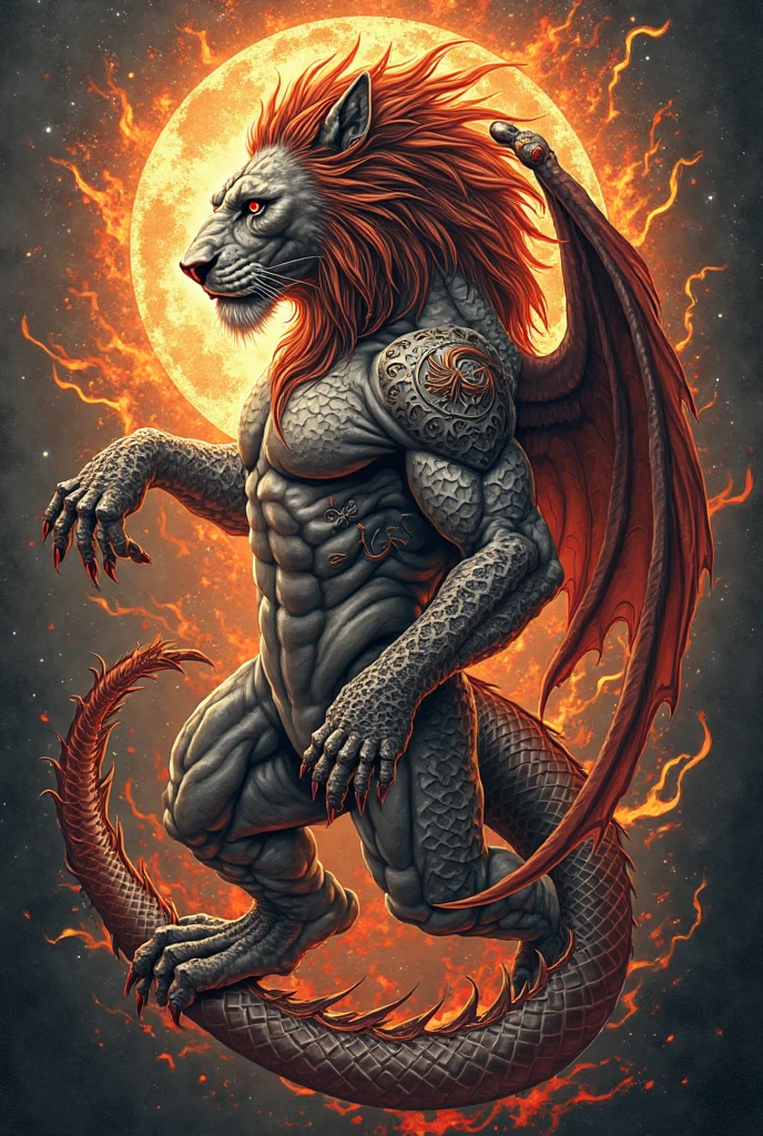 the body of a lion, covered in sleek, golden fur. Its head features both the beak of a falcon and the fearsome jaws of a dragon, with sharp, interlocking teeth. Majestic wings, resembling those of an eagle, extend from its lion's body, granting it the gift of flight. The creature's tail is long and serpentine, ending in a fiery, venomous stinger.