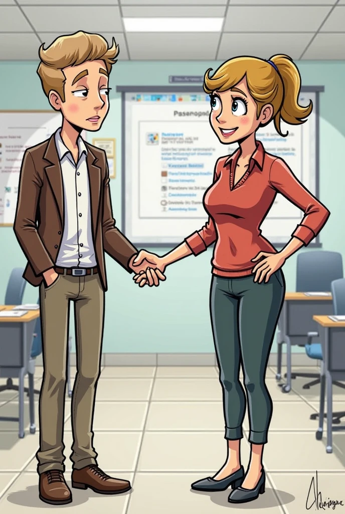 Clover, totally spies, blonde hair, medium hair, blue eyes, skinny, red shirt, long sleeves, classroom, front view, foreskin, notebook, double handjob, half-closed eyes, smile