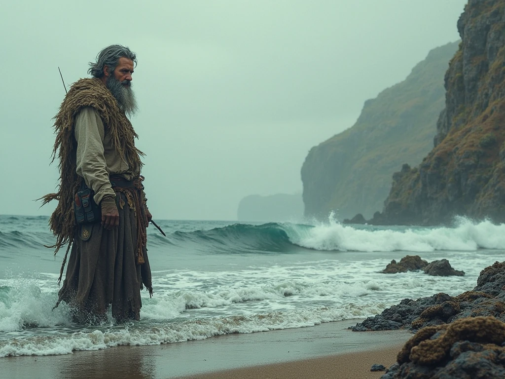 A huge ocean with a very very very old man in front holding a bucket