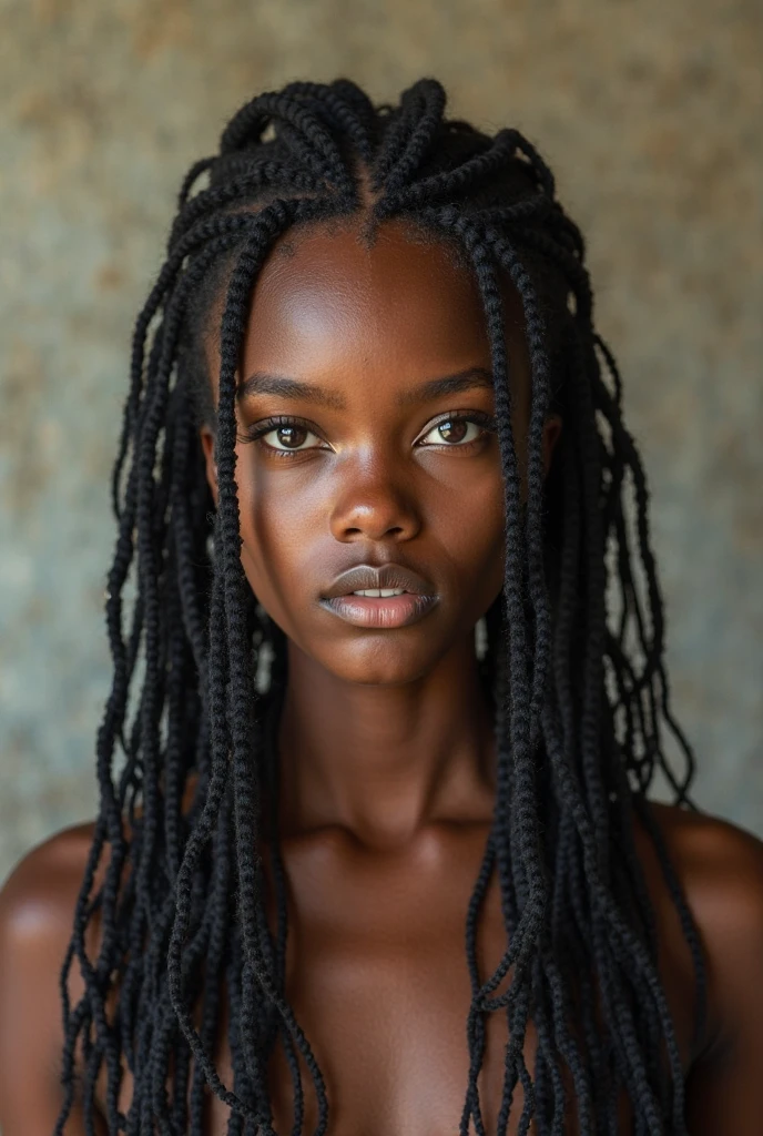 cute hair, chocolate skin, teenager, beautiful face, deep chocolate skin, showing breasts, SFW, strong upper body focus, dark African beauty