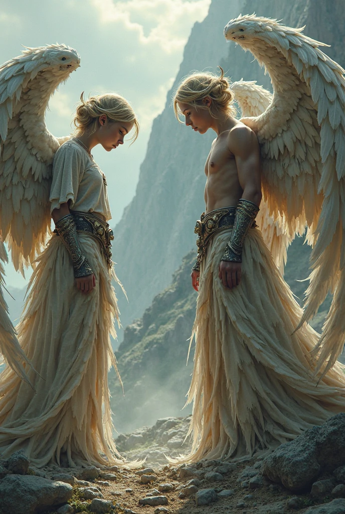 1boy, long flowing blond hair, angel wings large white feathers, clothing like that of a greek god long and white with golden, toned details, light brown eyes almond and bright, holds a spear resting on the ground, other angels like him are around him, are surrounded by white and bluish clouds --auto