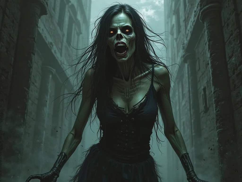 A zombie woman, with a hollowed-out gaze and a ferocious rage, emerges from the darkness of an old graveyard in a realistic, high-definition 8k photo. Her clothes are in tatters, ripped and stained with mud, and her undead skin is a grotesque display of decay and rotting flesh. The intricate details of her dead, dried, and peeling skin are on full display as she charges forward, her movements jerky and menacing. The natural colors of her decaying body are professionally color-graded to add depth and moodiness to the image, with the dimly lit graveyard surroundings providing a hauntingly detailed background. The scene exudes a