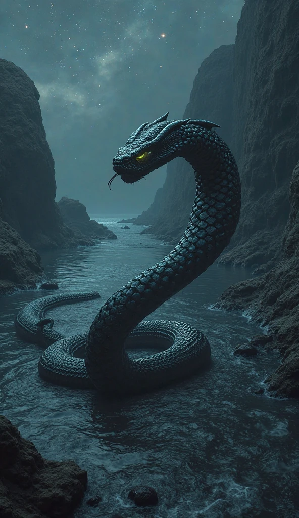 A big snake must look like the king and all other sanke's in front of him. The background should be dark and dangerous. No humans