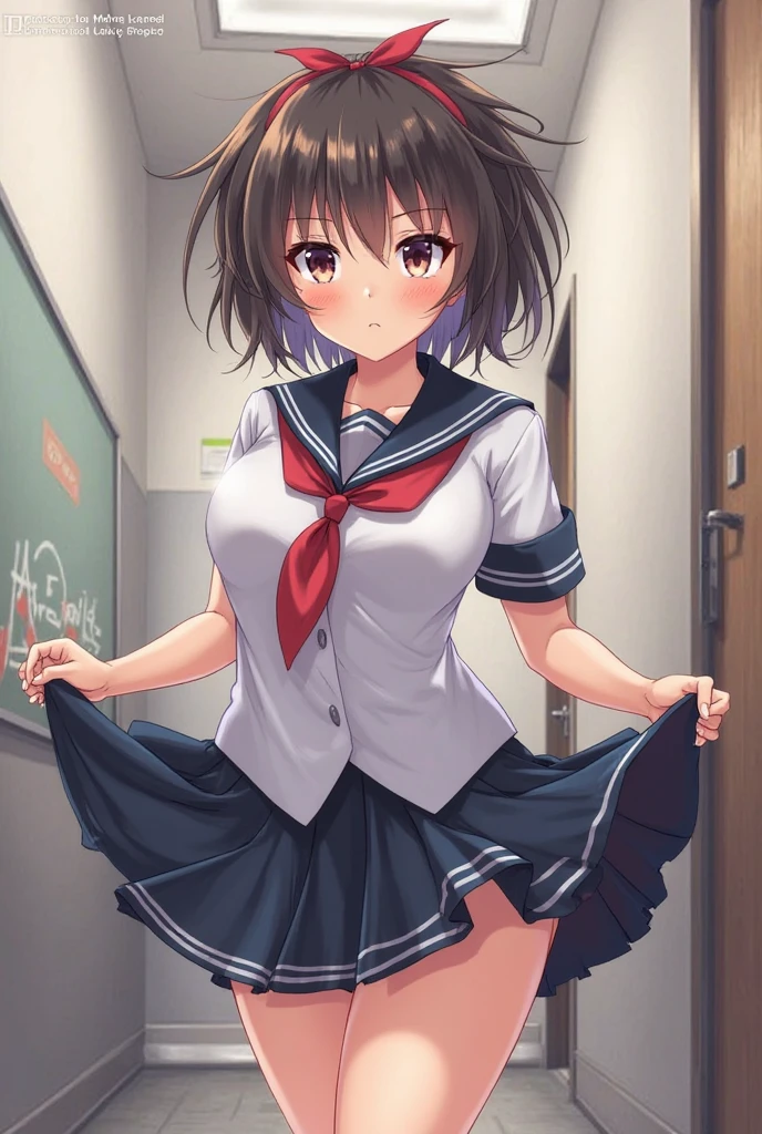 masterpiece, Highest quality, High resolution, MyMiku, short hair, teeth, , Red Bow, Collared shirt, Blue jacket, blazer, Long sleeve, Pleated skirt, Grey Skirt, Black knee socks, Cowboy Shot, anger, Are standing, locker room,Shirt open,Skirt flip,Panties in full view,Sweat,,semen