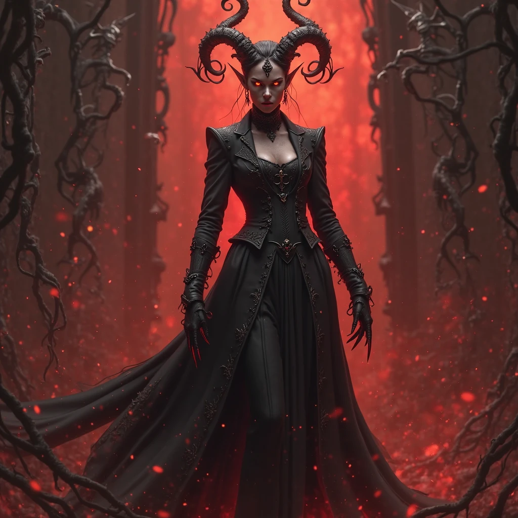 "A biblical-style illustration of a black magic widow, draped in dark, tattered robes, with long horns adorned with lit candles and additional candles on her shoulders, casting a dark spell with her hands. She stands in hell, with red lights illuminating her from behind and the ground resembling red, raw flesh, depicted in the dramatic, intricate style of Gustave Doré --ar 1:1"