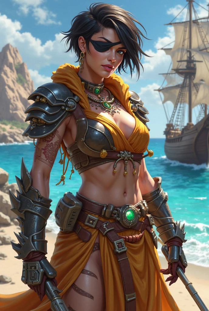 (((Solo focus.))) (((Single character image.))) (((Looks like a great fantasy adventurer.))) A single character portrait, fantasy artwork, fantasy attire, clear and sharp, of an attractive, (((Dressed like a sexy seafaring swashbuckler.))) (((youthful))), (((Stunning sex appeal.))) sexy, mysterious, woman in her early 20’s, tattoos, sexy muscular body, sexy hair, female adventuress, smug smirk, gorgeous face, and an athletic body and somewhat muscular. She also has a beautiful body, detailed, gothic art, trending on artstation, Dungeons & Dragons character portrait, intricate details, ultra detailed, ultra detailed clothes,, epic masterpiece, ultra detailed, intricate details, award winning, fantasy art concept masterpiece, trending on Artstation, digital art, unreal engine, 8k, ultra HD, centered image, flirty,
