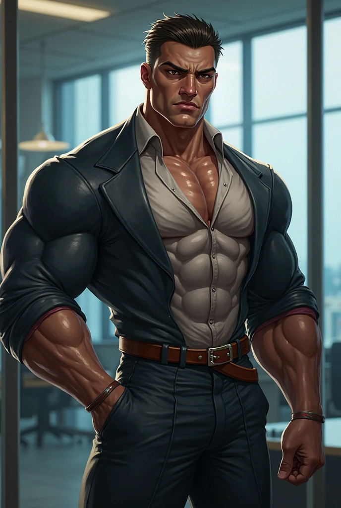 Elderly man, muscular body with gray hair, handsome masculine face, blue eyes, very short white hair in a pompadour, evil smile, wicked expression, huge biceps, huge hairy chest, huge thighs, huge bulge in the groin. He is wearing a black suit with a navy blue tie, black dress pants, black shoes, silver watch on his wrist and is standing inside an office.