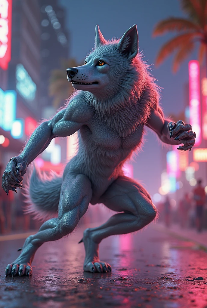 There is one adult character on this picture. The character is a slender male grey wolf, grey fur, slender character, slender, yellow eyes, barefoot, digitigrade, paws, black pawpads, wolf hands, black claws, wolf tail, topless, male bare chested, bare chest male, black nipples, black areolas, visible sheath, sheath, fully sheathed, visible balls, balls, visible testicles, testicles, ass, butt, nude, naked, nsfw. The scene takes place on a street at night. street at night on the background. Street. Night. Bare facade building at the distance. Neon lights. The character is facing a wall. The character is peeing on the wall. The character is pissing on the wall. The character is urinating on the wall. Piss splashing on the wall. Urine splashing on the wall. Piss dripple from the wall. Urine dripple from the wall. Piss stains on wall. Urine stains on wall. Piss puddle on ground. Urine puddle on ground. Piss stream. Urine stream. Camera side-view. Camera side view. Side-view. Side view.