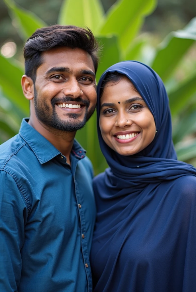 A handsome, dashing Indonesian man aged 30 years and an indonesian girl 26 year old. A both of them looking at the camera while smiling faintly. the man wore a gray t-shirt and jeans shorts. women wear white t-shirts soft blue jacket and long jeans, with long flowing hijabs with motif. with a backdrop of waterfall rocks, small grass, and beautiful waterfall splashes. realistic focus 5D 8K