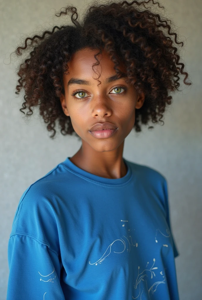 A BLACK Brazilian woman, wearing a loose turquoise sweatshirt , with short curly hair covering some of her face.