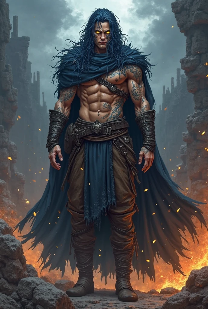 Created acnologia from fairytail in a much more human human version he has long and disheveled midnight blue hair and marks on his face and a cape he has no beard he is tanned and has abs made in a girl version dressed in a black cape