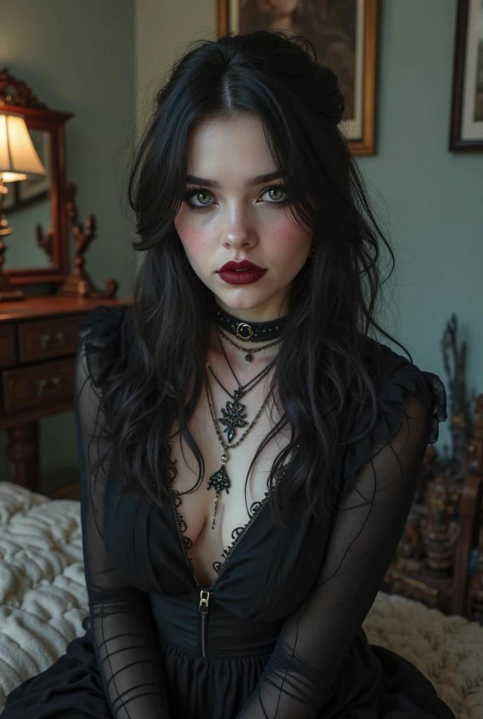 Kizi, long black hair, blue colored eyes, pale branch skin, tattooed, Gothic black clothing. She's sitting on a couch, shy with her blushing cheeks.