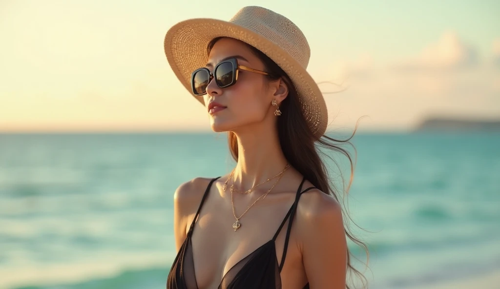 1girl, alone, long hair, breasts, medium breasts, brown hair, belly button, cleavage, jewelry, swimsuit, bikini, outdoors, focus alone, day, armpits, water, necklace, nail polish, arm raised, lips, wet, sunglasses, red dark nails, black bikini, partially submerged, realistic, red lips, ultra realistic, 8k quality, high resolution, close-up, intricate details, detailed skin textures