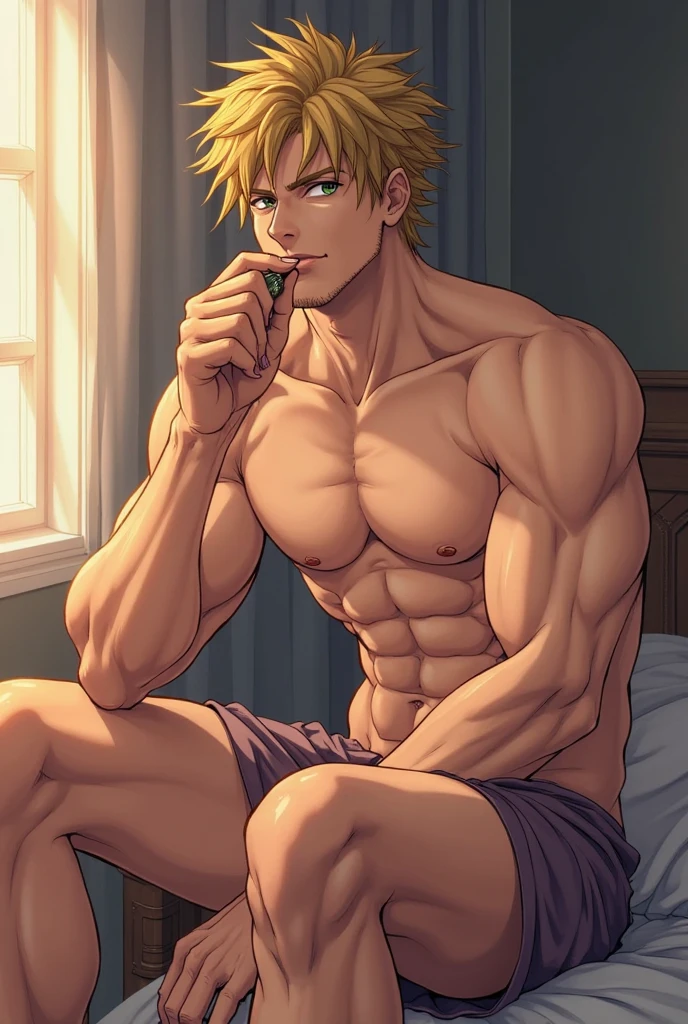 Katsuki Bakugo from Boku No Hero Academia, wearing white swimwear, smug smile, bodybuilder, defined body, shirtless, abs, big legs, white empty room, lying on the sofa