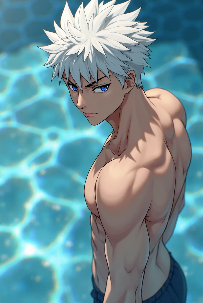 anime character, White hair, spiky hair, Pale skin, red eyes, Long white eyelashes, male, muscular, white small earrings, big glossy lips, no shirt, walking out of lake