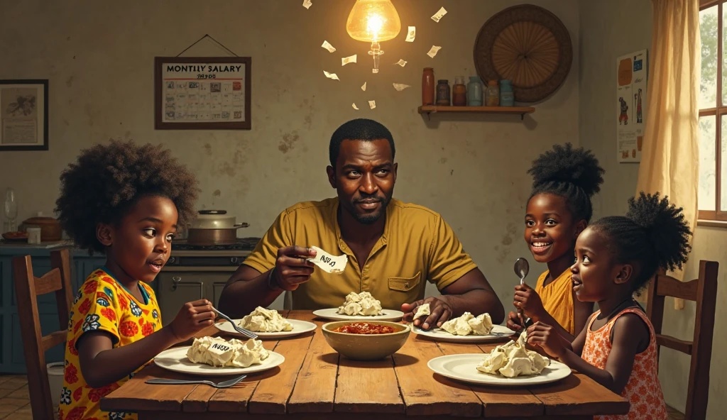 In shape happy selfish light-skinned man eating around sad african hungry kids that have no food
