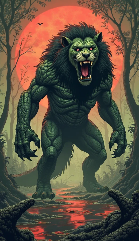 crocodile and lion combination, background forest, make it muscular, stronger aggressive, looks bigger hybrid, dengerous, super powerful, lightning background, bigger hybrid, make it one head, Red eyes volcano body . make it mythologycal ,mythical creatures , hd , realistic