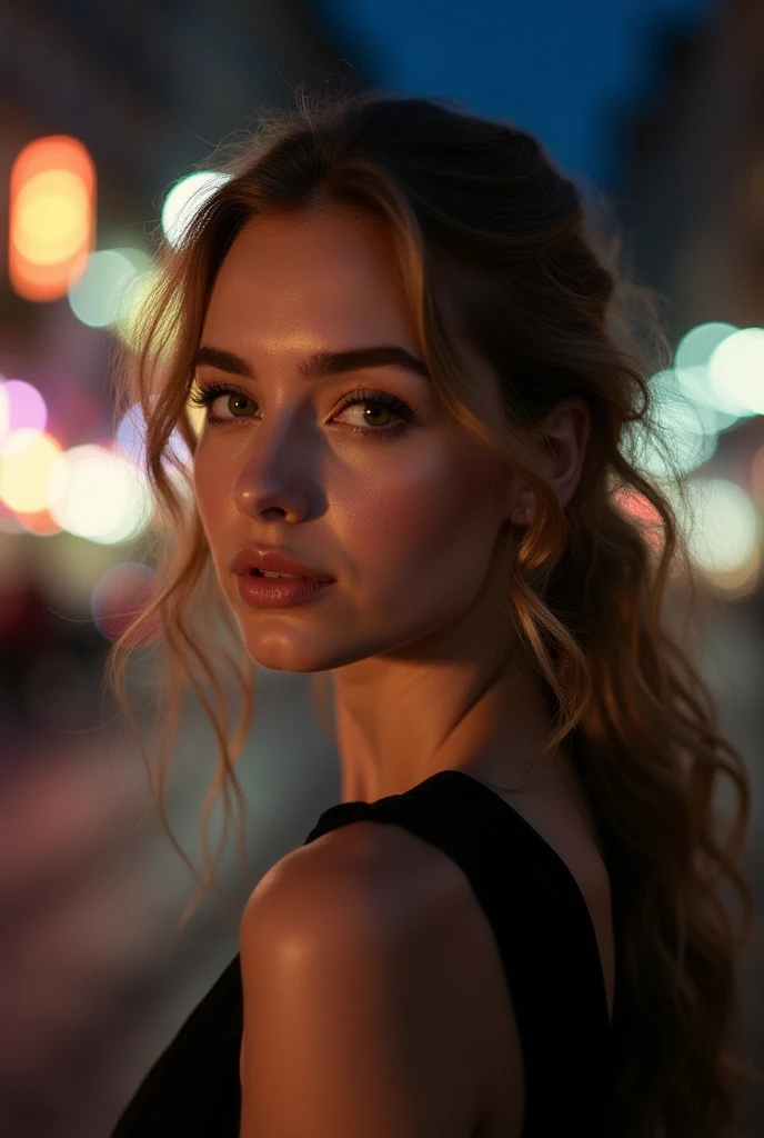 instagram photo, closeup face photo of 18 y.o swedish woman in dress, beautiful face, makeup, night city street, bokeh
