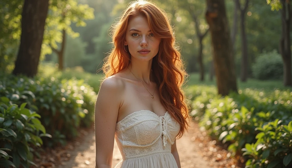 Portrait of a 26-year-old redhead, Norse, Primer plano del pecho, pecho mediano, escote, Bustier de lino crema inconexo, manos en el pelo, Textura de piel ultra detallada, sexualidad, seduction, Mirada amorosa, leve sonrisa, Kali, Roche, bosque, Puesta del sol, dynamic light, cinematic render, 32K, ..RAW, fotografiado con un Nilon D850, Lente de 50 mm, f/11