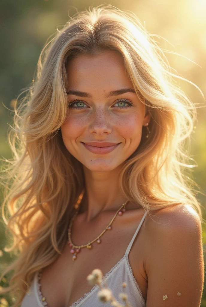 (stunning beauty: 1.9) a captivating 18-year-old young woman with vibrant blonde hair cascading down her back like a golden waterfall, possesses striking green eyes that sparkle like emeralds in the sunlight, and full lips painted with a subtle hint of color. She leans forward slightly, her shoulders relaxed, as if sharing a secret, with a gentle smile spreading across her face. (soft focus on her face, slight blur on the background).