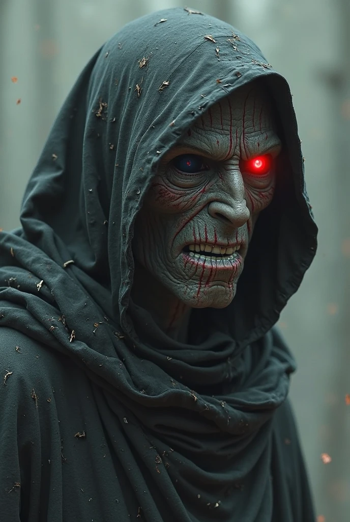 (masterpiece:1.2), absurdres, A photorealtic shot od Mumm-Ra,solo, decaying mummy,a malevolent and ancient sorcerer, , withered, shrouded in rotting bandages, emaciated body. grotesque, skin is a sickly grey, covered in tattered rotting bandages, is body is emaciated, his face is hidden by a hooded red robe, glowing sinister red eyes, malevolent, (highly detailed:1.3)
