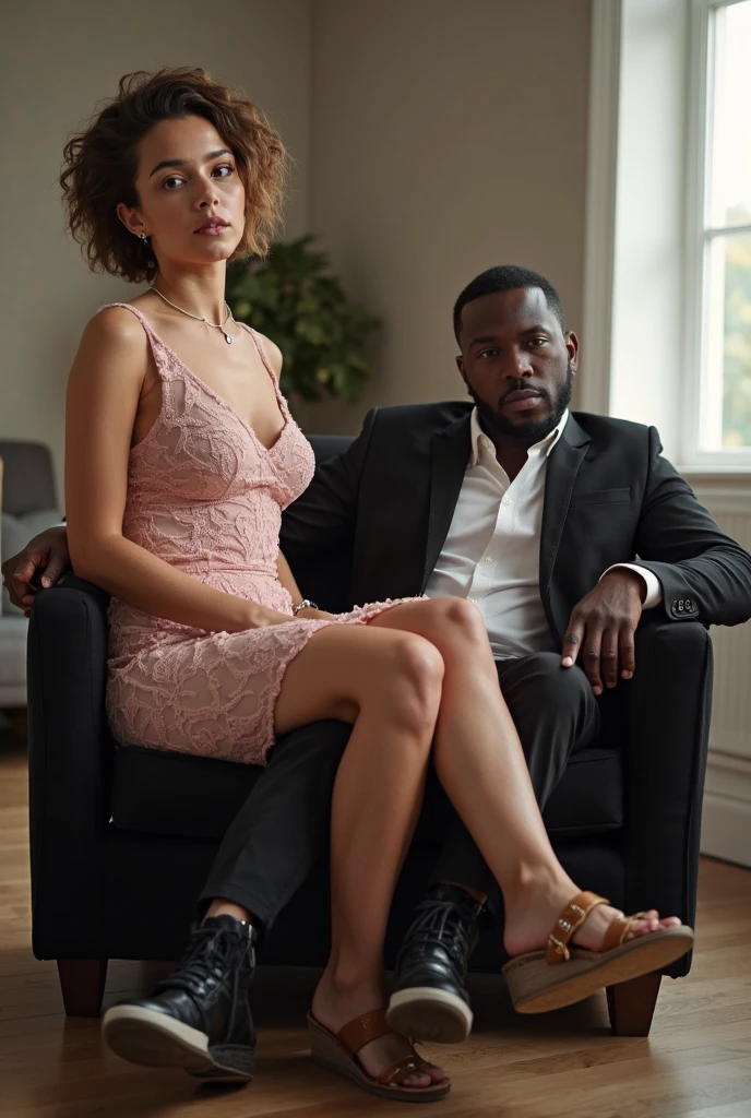 A girl and old man in the house, Velma, black old man, huge breasts girl, cleavage dress, high quality, detailed HD, beautiful, realistic lighting, morning, couple pose, standing pose, detailed,