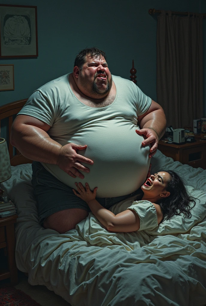 Exhausted man trying to lift an obese woman in his arms 
