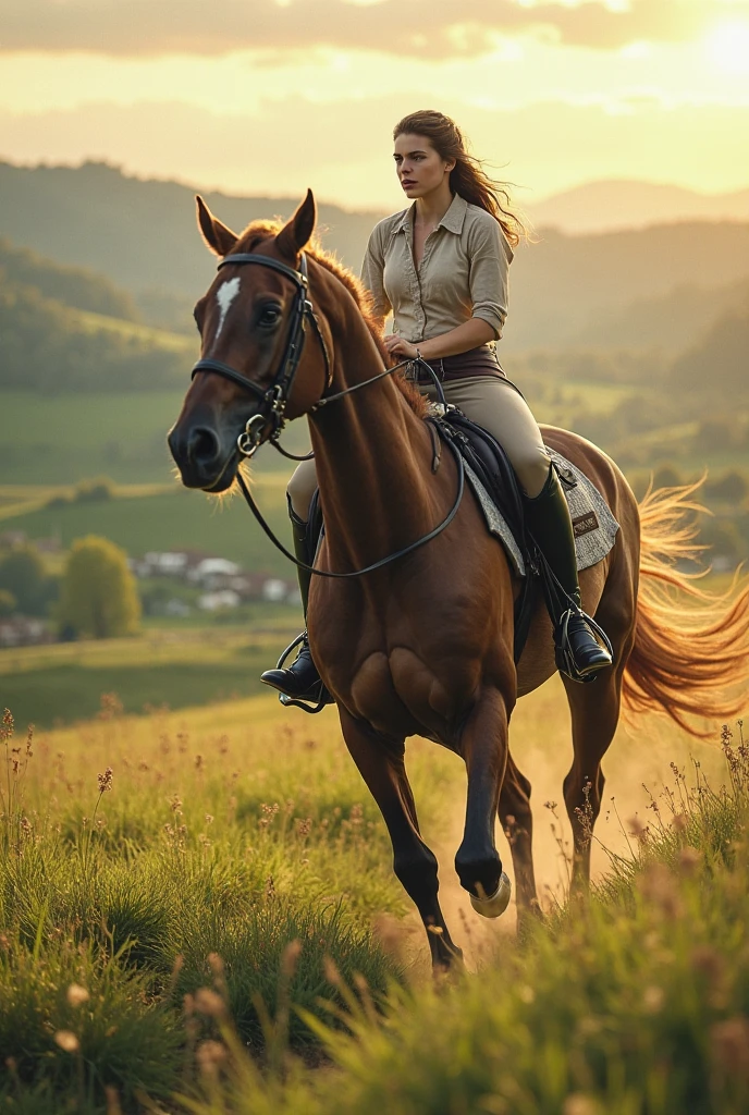 A brown-red horse galloped across the steppe in the setting sun, full limbs, long mane,