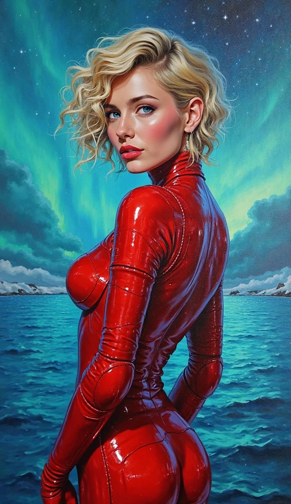 High-quality acrylic painting, VIVID COLORS, back point a view, a beautiful woman with short blonde curly hair, looking at the viewer with suspicious face and a shy smile, red lips, she wears space red rubber opaque armor, hands in the waist, background of nigh of aurora borealis in open sea