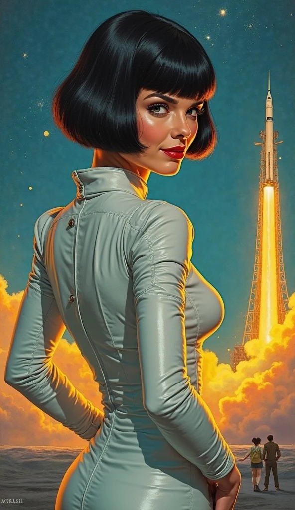Beautiful busty art deco astronaut woman