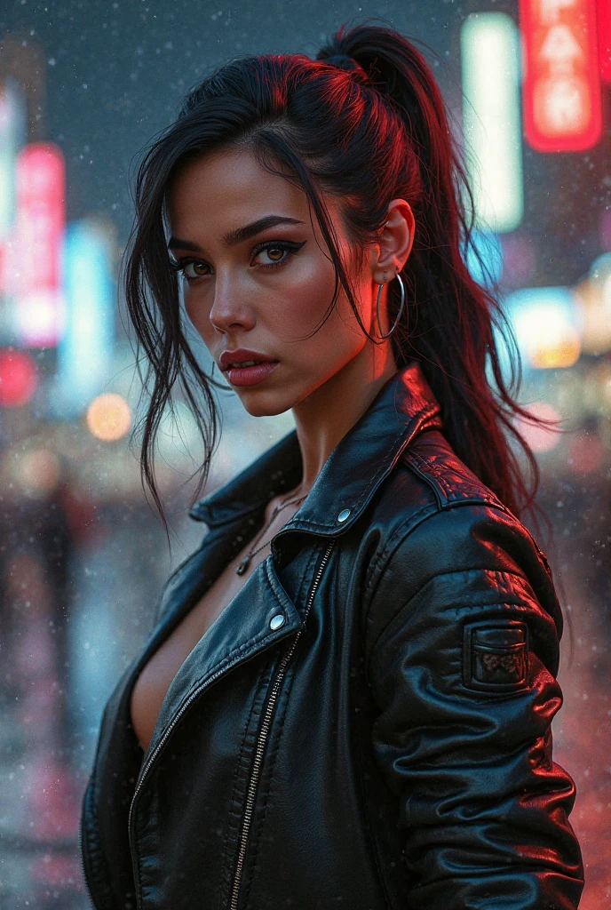 Woman with a piercing gaze and bold makeup.. She's wearing a leather jacket with a crop top, and her long hair is styled in an elegant updo.