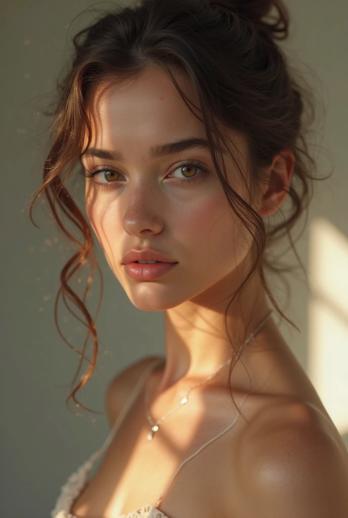 raw photo of beautiful female, looking at camera, centered portrait upper body, Miss Scotland, slim perfect face, natural look, playmate, wavy ginger, wet hair tied in a bun, supermodel, wet skin, freckled skin, blushing cheek, very very small bust, closing eyes, feeling ecstasy, nude skin, in photo studio