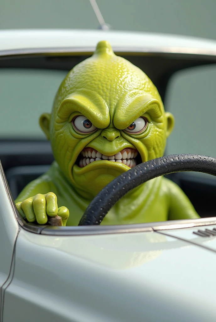 Green Goblin, 1 man, green suit, green mask, yellow eye lens, (reflective lens), blank eyes, goggles mask, sharp teeth, (broad shoulders), big shoulders, bust, closeup shot, eye level shot, face focus, detailed face, inside cockpit, pumping fist, best quality, 8K wallpaper, ((portrait))