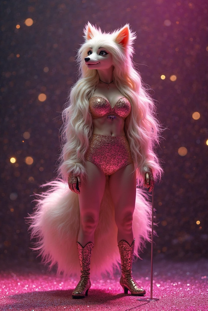 (anthro Dog:1.5), (doberman:1.4), (short tail:0.6), muscular body, small breasts, (white slightly transparent mini dress:1.6), (filigree gold bracelet:0.9), (full body view:2.1), toothy smilie, (arched back+dancing:1.7), light blonde long curly hair, (black background:0.7), detailed skin texture, 24k resolution, highly detailed, (red eyes:0.9), (natural front light:0.5), (realistic style:1.8), masterpiece