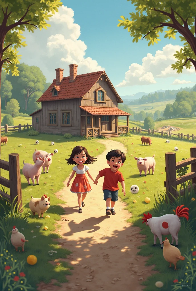 Joyful view of the farm with the country house, animais espalhados (vacas, porquinhos, galinhas), And the two brothers playing., a girl and a boy around  and s a girl.