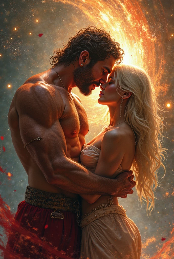 Male shaman and a female yogini, sacred rebels. He is muscular, broad, bald, bearded. She is blond, long haired, voluptuous, hourglass body, toned with abs, a lot of hippie style ethnic jewelry, scantily clad in tones of pink and white. Psychedelic picture of a very attractive couple, sparks flying, polarity, spiritual.