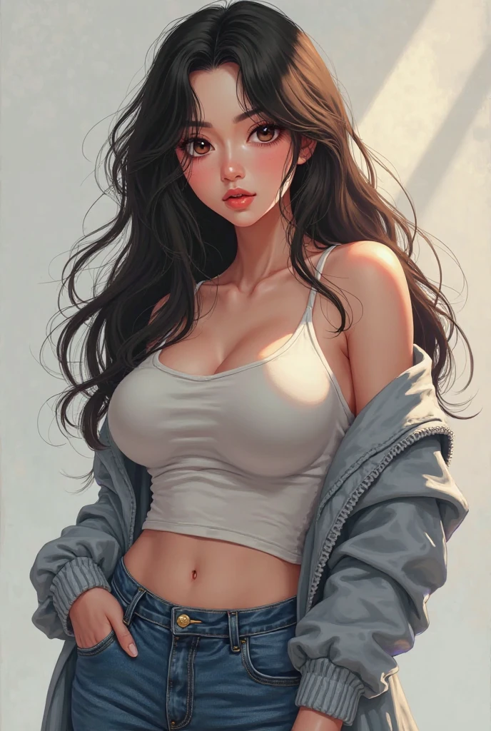 (masterpiece:1.2, best quality), 1lady, solo, upper body, big tits
Dark wash skinny jeans, oversized sweater, ankle boots
Loose waves, center part
simple hoop earrings
green Park