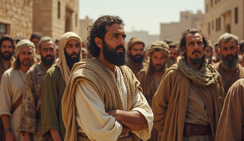 30 year old young man, with camel skin pants and shirt, speaking to a crowd of Jews