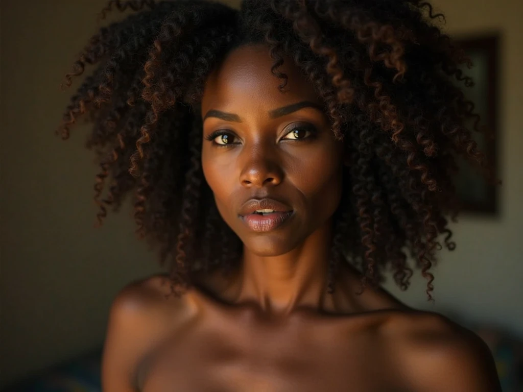best quality, ultra high res, (photorealistic:1.4), masterpiece, 1girl, brown skin color, brown_eyes, from_behind, fur_trim, hair_over_one_eye, lips, long_hair, make up, looking_at_viewer, looking_back, nose, photo_\(medium\), photorealistic, realistic, solo, teeth, naked_upper_body, nsfw, beautiful