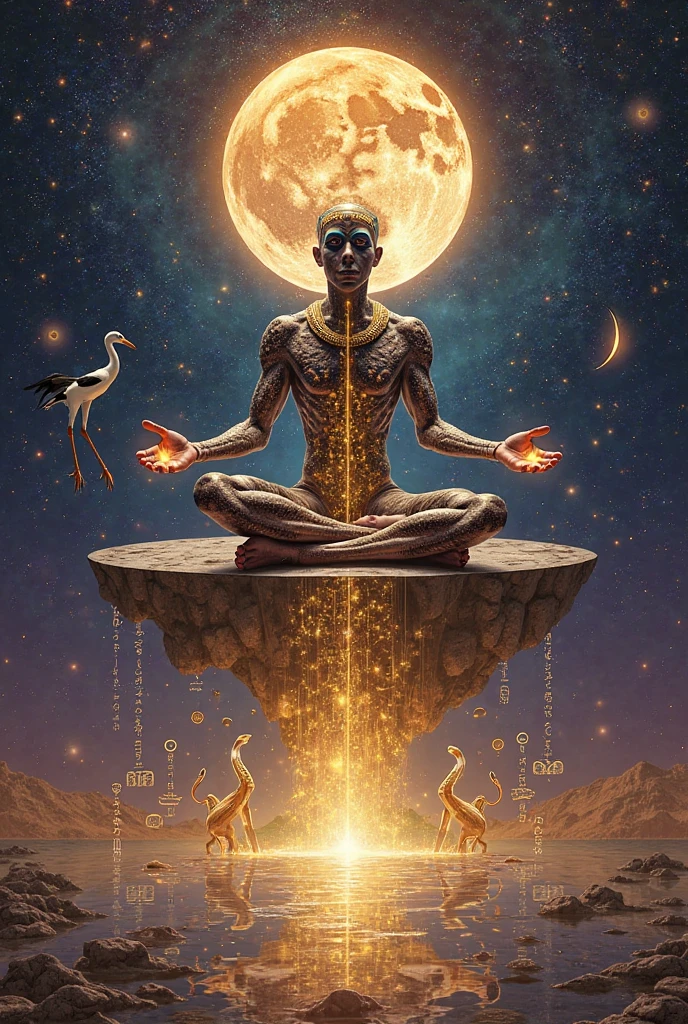 <lora:ptm0-000007:0.8>ptm0 a painting of a man with a head made out of a half moon three pointed stone with floating orbs levitating around him pressing his palms together with thin insect like body made out of thin flexible rocks, muted colors, light shining from behind, abstract, surreal, beksinkski, horror, dark art, floating in the air, Bastien L. Deharme, magic the gathering artwork, an ultrafine detailed painting, altermodern