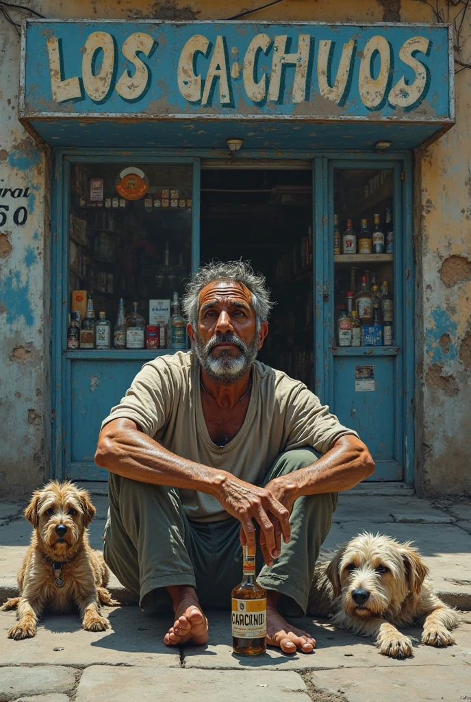 A 50-year-old Brazilian beggar, hair only on the sides of the head, bad beard, smiling, on a busy street in the city of São Paulo, wearing an open shirt with his belly showing, with a bottle of cachaça in his right hand, barefoot, a little dirty, wearing dirty shorts, accompanied by a medium-sized, slightly thin black and white dog.
