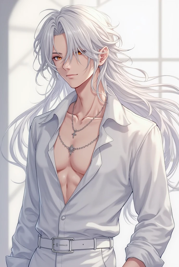 A highly detailed and ultra-realistic illustration of an elegant anime-style male character with long, flowing silver hair and fox ears. He has his bangs down, sharp features, pale skin, and intense golden eyes, looking to the side. The image captures his whole body, showcasing his loose, open shirt and well-defined chest. The background is simple, focusing on the character's intricate details and graceful presence