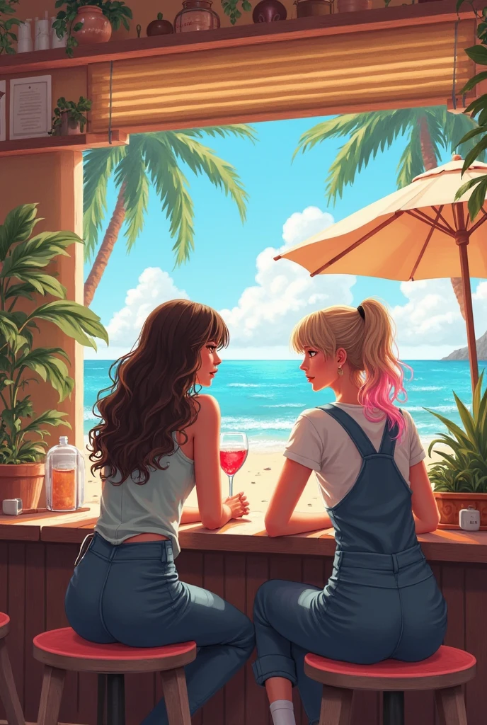 A table on the beach with two shots of tequila, salt and lemon, a bottle that says "charro" of tequila, half empty, two tomboy girls looking at the sea and toasting, with their backs turned, sitting on a rock