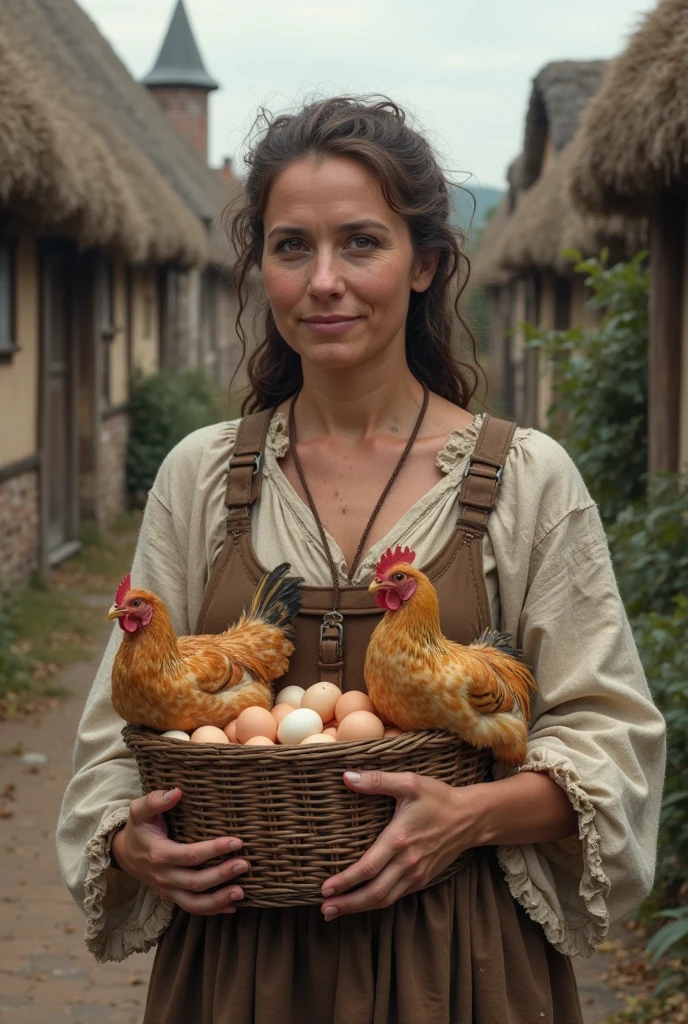 <lora:Suranne_Jones:1> masterpiece, best quality, detailed face, a mature s1873j, 1girl, solo, funny costume , hen house , dusk